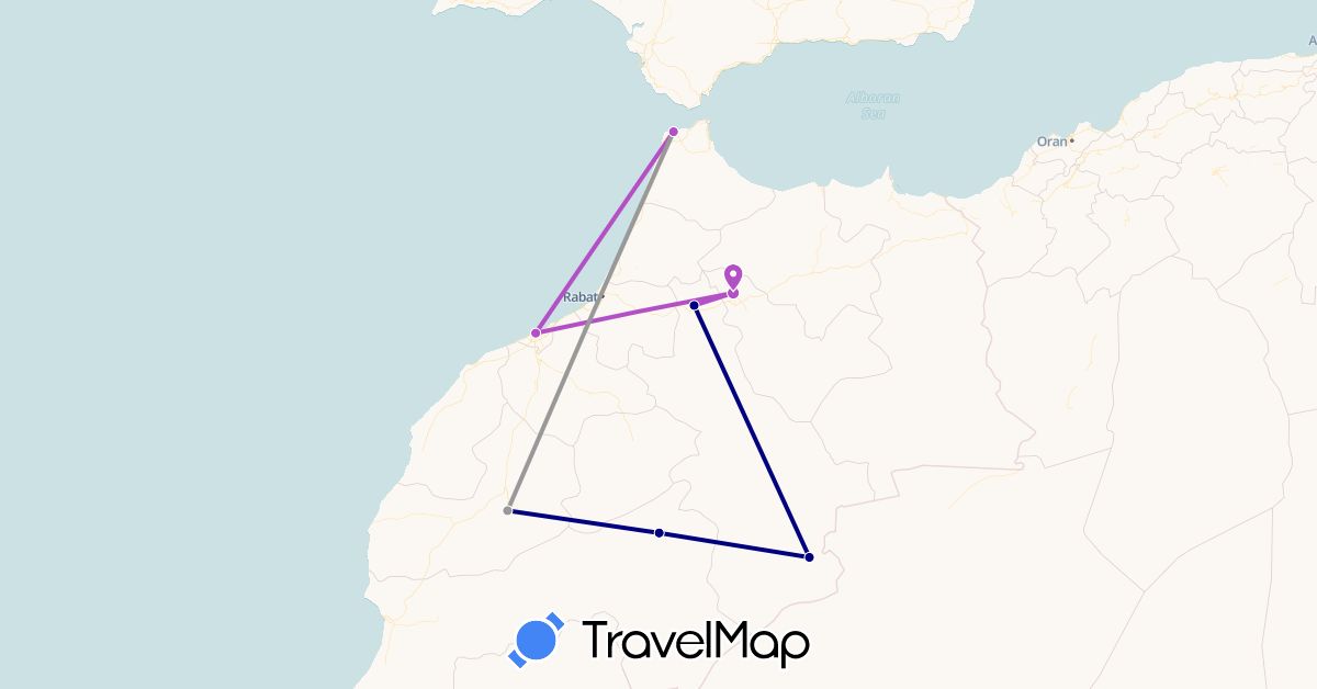 TravelMap itinerary: driving, plane, train in Morocco (Africa)