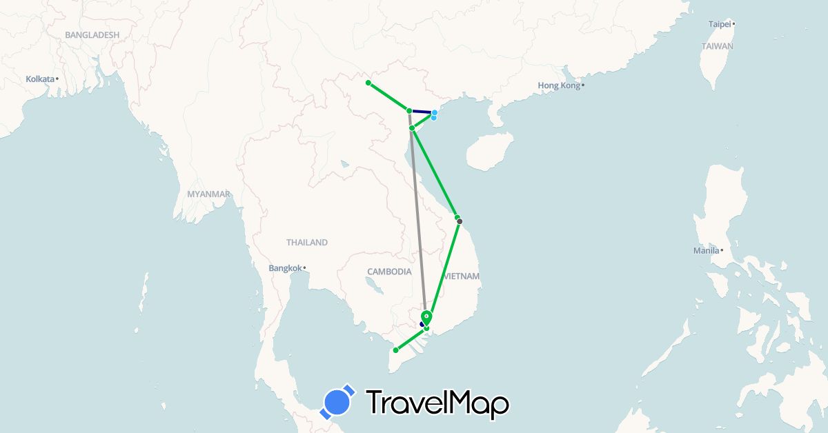 TravelMap itinerary: driving, bus, plane, boat, motorbike in Vietnam (Asia)